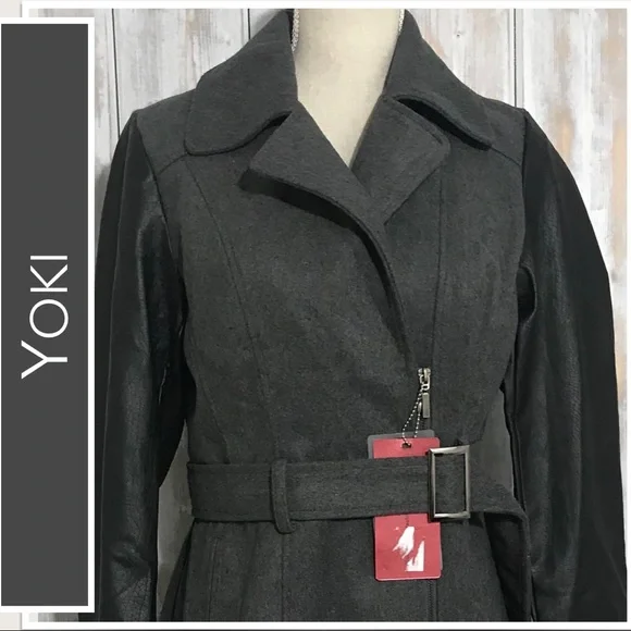 Yoki Mid-Length Coat Charcoal Body & Belt, Black Leather Sleeves Size XL NWT - Picture 2 of 7